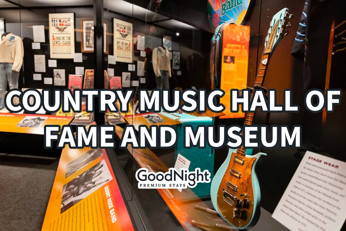 Inside a museum space, guitars, stage wear, and historical displays celebrate country music heritage. Visitors can immerse themselves in the stories and artifacts of Nashville’s legendary music scene.