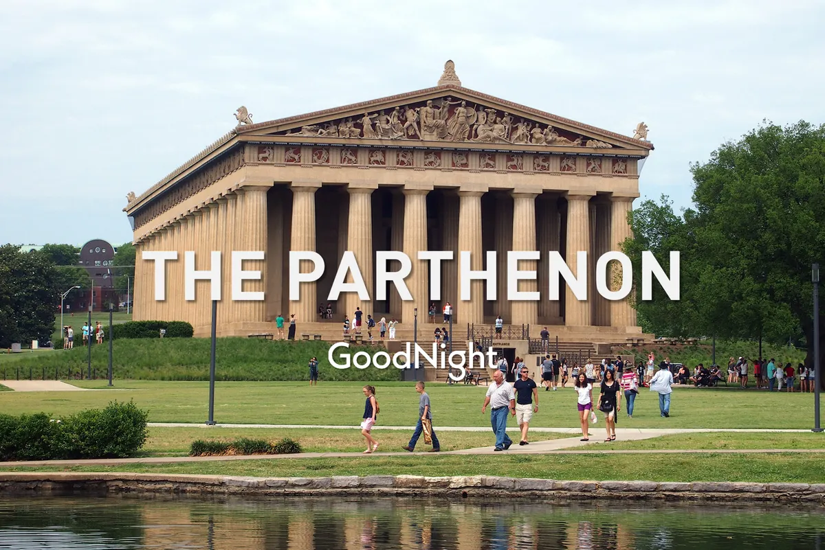 The Parthenon in Centennial Park is featured here, with visitors strolling across a green lawn and taking photos in front of the iconic columns. The weather is sunny, and the scene is lively but relaxed, emphasizing both history and open space.